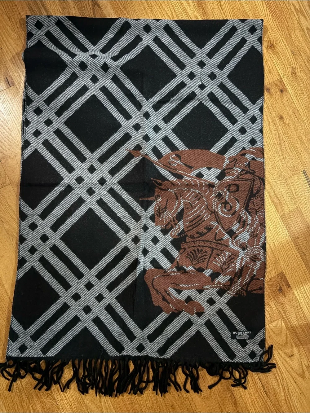 Burberry Black, Gray & Brown Plaid Scarf with Equestrian Motif